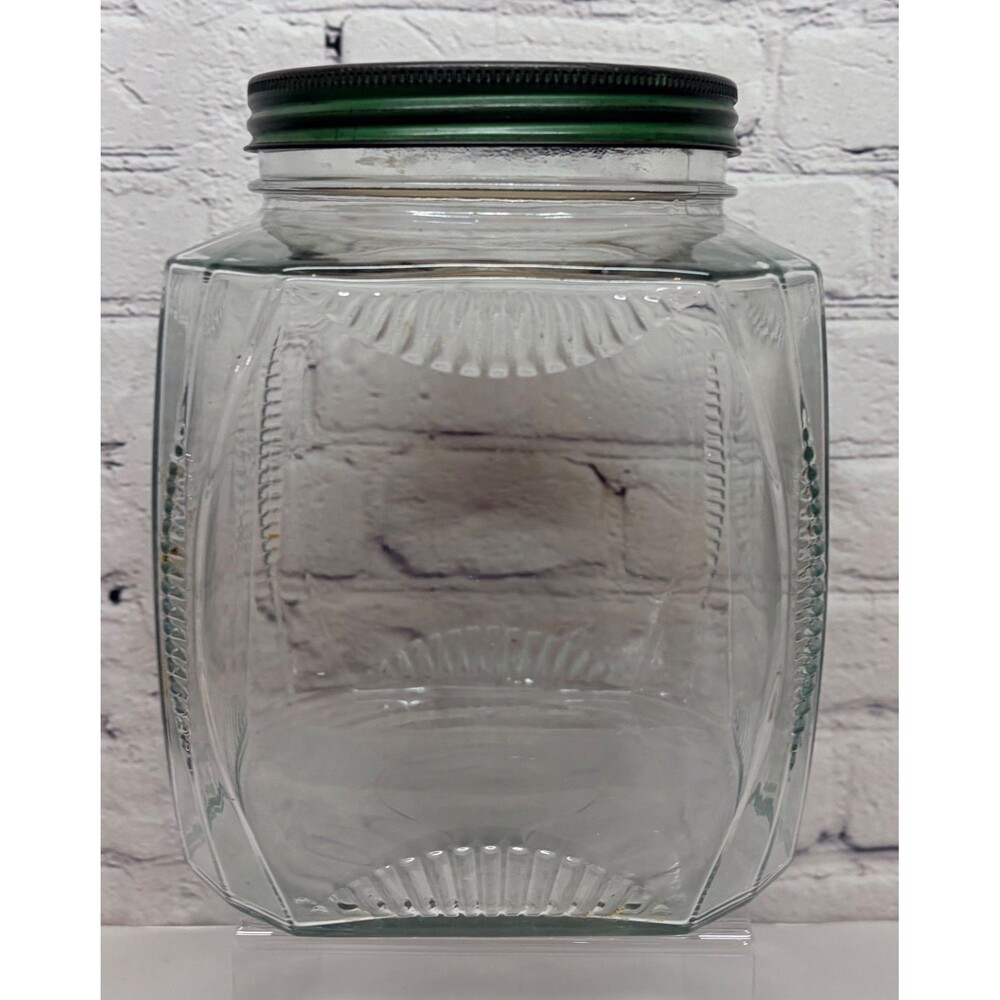 Vintage Kitchen Hoosier Cabinet Ribbed Glass Canister Jar with Green Lid - 8.5”